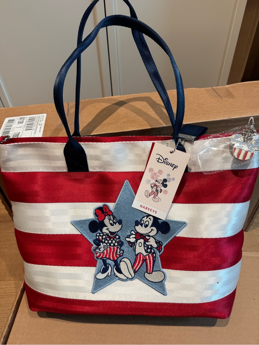 Harveys Disney Parks America USA Striped Tote with Navy Handles & Disney Patch